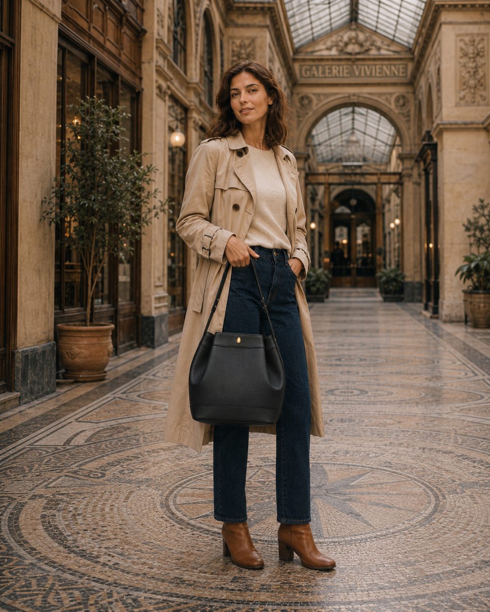 Menière Paris black leather bucket bag in the Galerie Vivienne Paris — a bag whose interior is as considered as its exterior