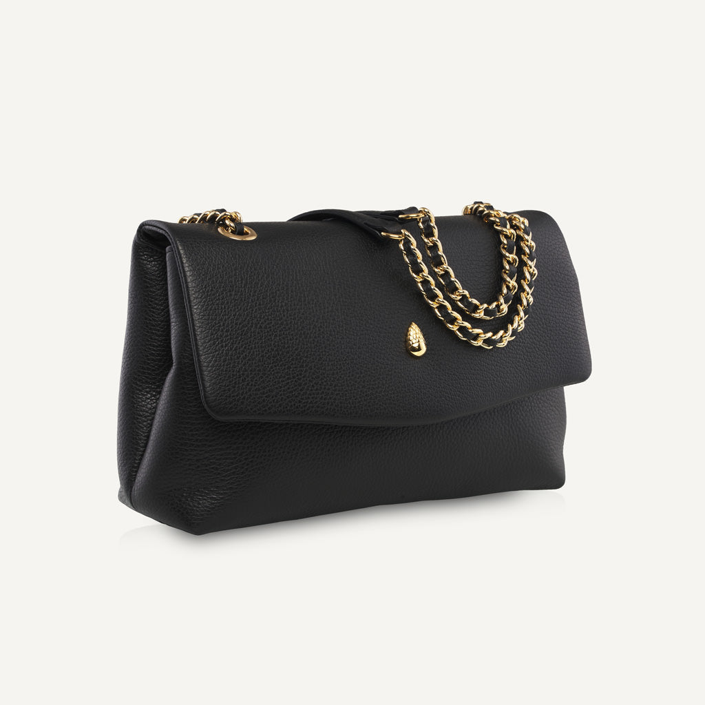 Black leather shoulder bag angled view with gold chain strap