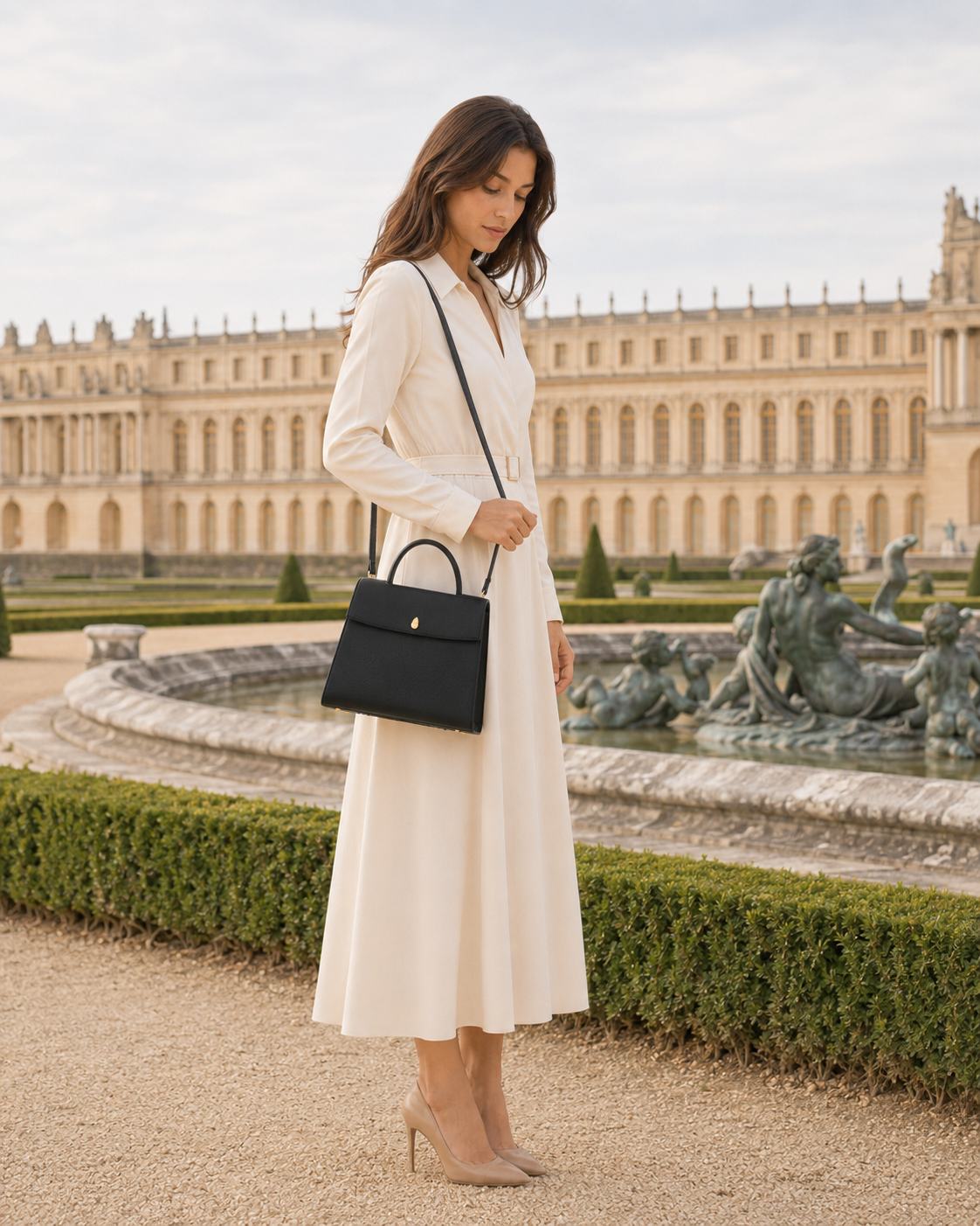 Structured black leather top handle bag for women with timeless Parisian elegance