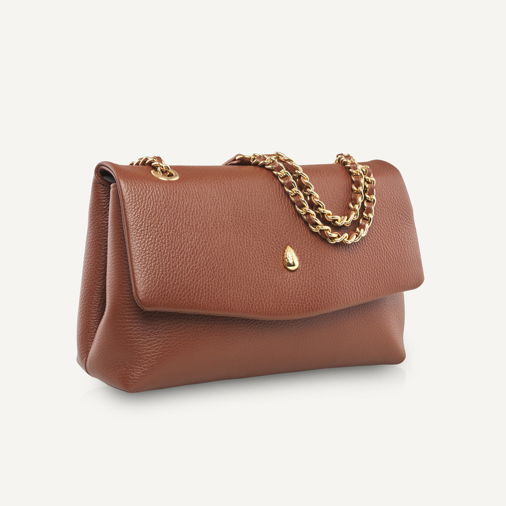 Side view of brown leather bag showing structure and shape