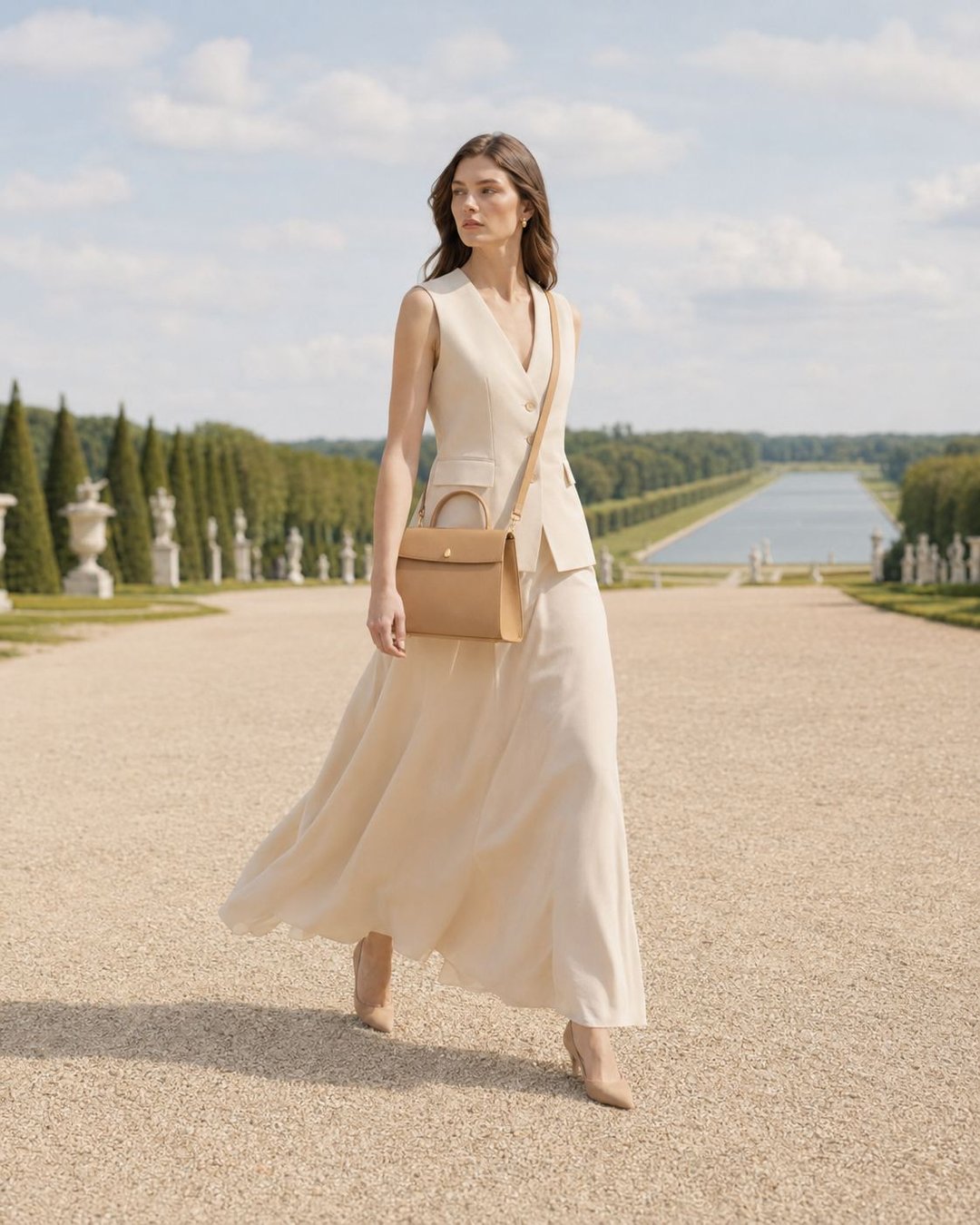 Model walking in Versailles gardens with Menière Paris Orléans beige leather bag — timeless Parisian elegance