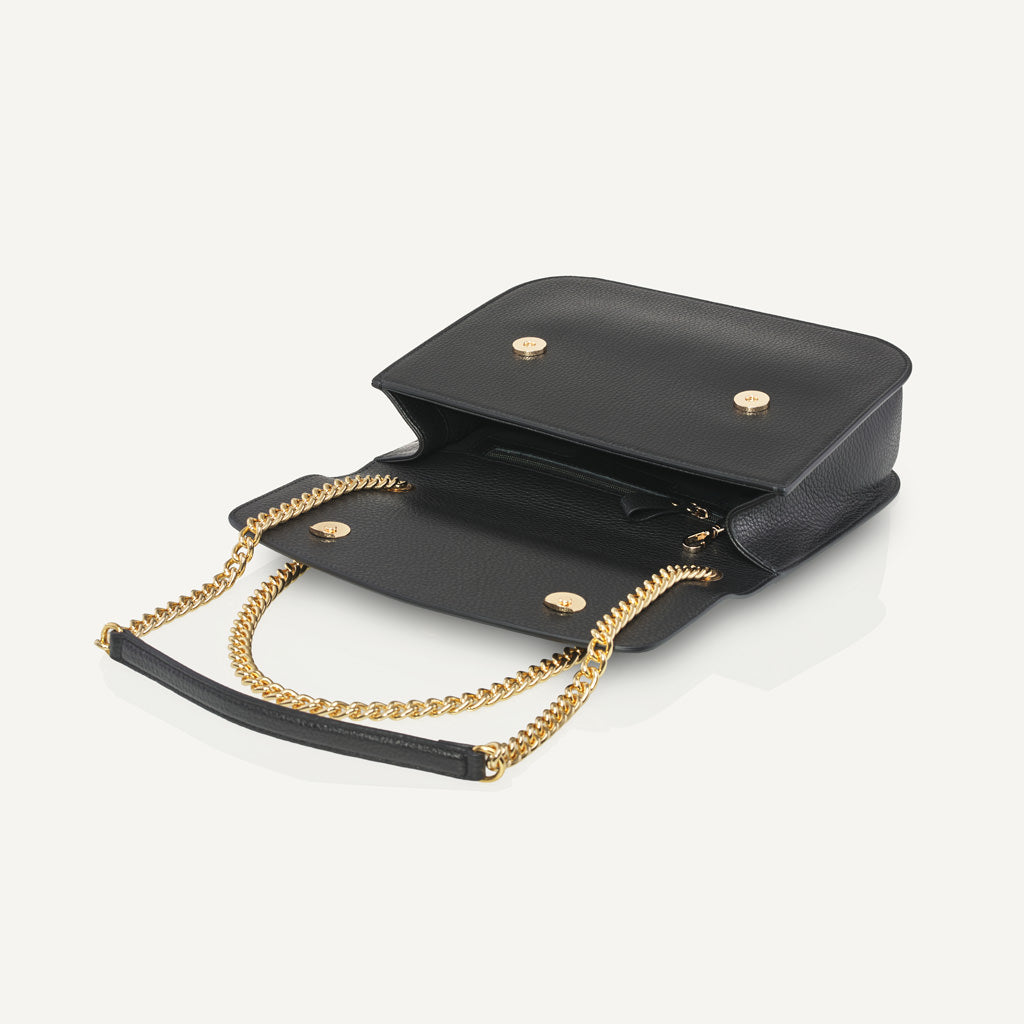 open black leather shoulder bag interior compartments gold chain strap