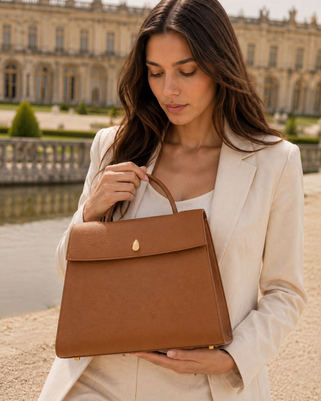 Structured brown leather top handle bag for women with timeless Parisian elegance