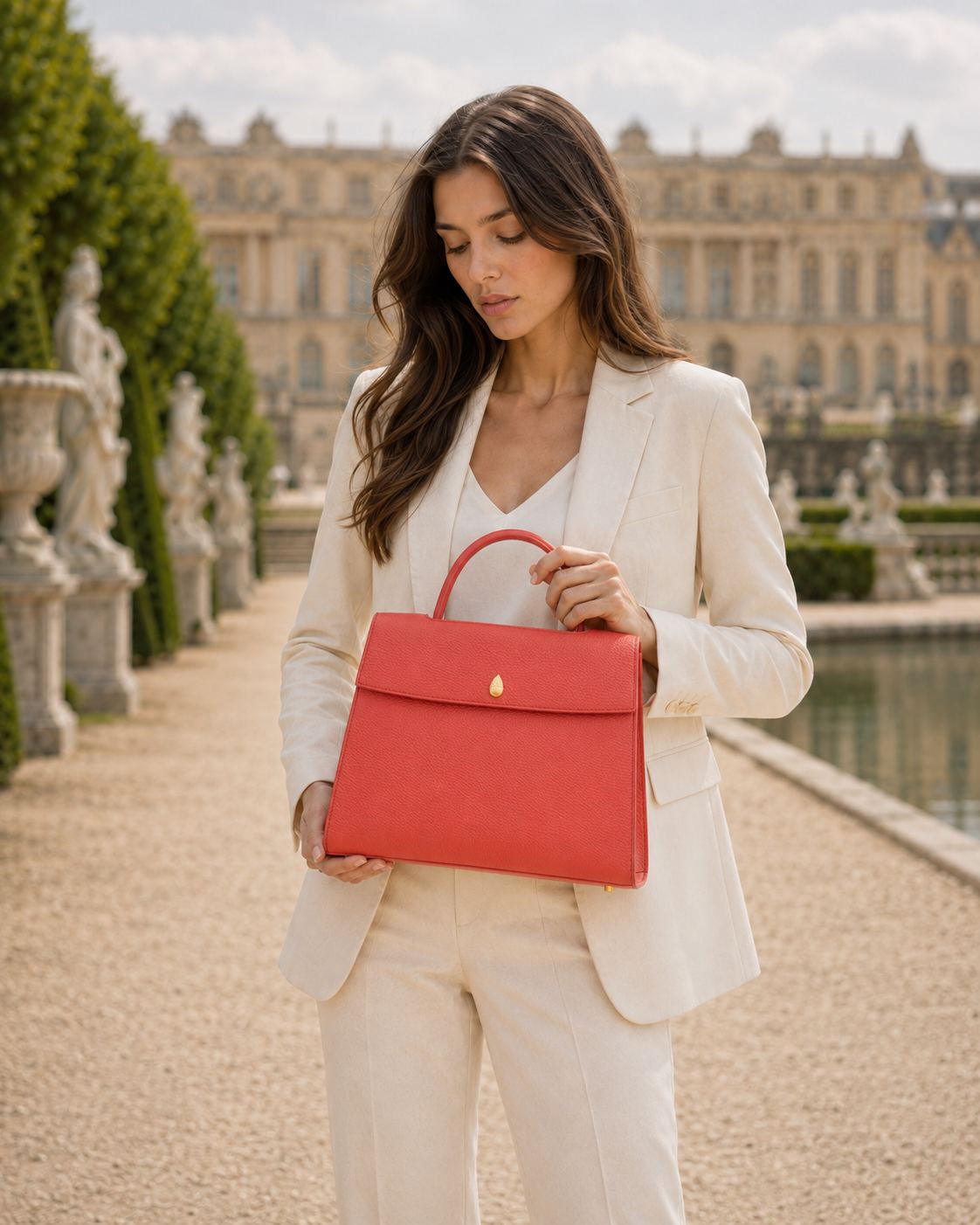 Women’s luxury red leather handbag with top handles, gold clasp and French-inspired design