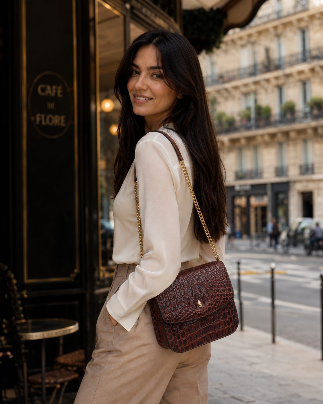 Grand Dauphin Croc - Embossed Bag – Brown - luxury leather handbag - Menière Paris