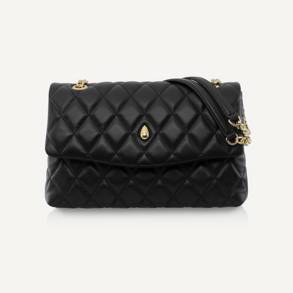 Close-up of high-quality black quilted leather texture